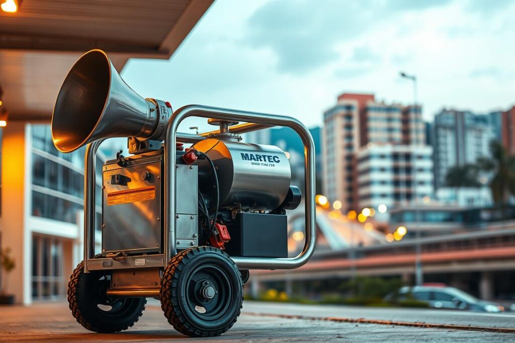 A well-maintained industrial-grade desentupidora (drain cleaner) machine by MARTEC, its metallic frame gleaming under the warm overhead lighting. The device stands prominently in the foreground, its heavy-duty nozzle and sturdy wheels suggesting its power and reliability. In the middle ground, a vibrant urban landscape of Mauá comes into view, with modern buildings and infrastructure hinting at the bustling city environment. The background is softly blurred, allowing the desentupidora to take center stage. The overall composition conveys a sense of purpose, efficiency, and the robust capabilities of the MARTEC desentupidora to tackle tough drainage issues. A well-maintained industrial-grade desentupidora (drain cleaner) machine by MARTEC, its metallic frame gleaming under the warm overhead lighting. The device stands prominently in the foreground, its heavy-duty nozzle and sturdy wheels suggesting its power and reliability. In the middle ground, a vibrant urban landscape of Mauá comes into view, with modern buildings and infrastructure hinting at the bustling city environment. The background is softly blurred, allowing the desentupidora to take center stage. The overall composition conveys a sense of purpose, efficiency, and the robust capabilities of the MARTEC desentupidora to tackle tough drainage issues.
